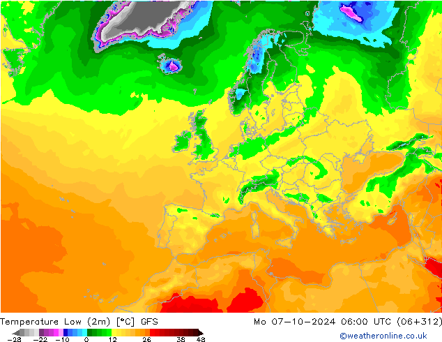 Temp. minima (2m) GFS lun 07.10.2024 06 UTC