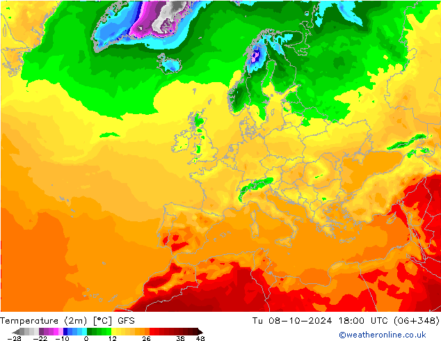 Temperatuurkaart (2m) GFS di 08.10.2024 18 UTC