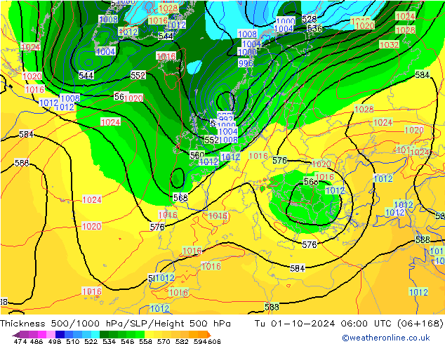 Thck 500-1000hPa GFS Tu 01.10.2024 06 UTC