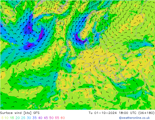 ветер 10 m GFS вт 01.10.2024 18 UTC