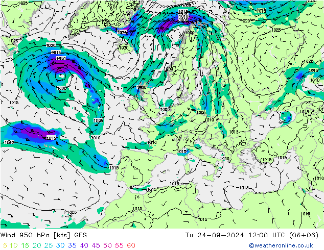 Prec 6h/Wind 10m/950 GFS Di 24.09.2024 12 UTC