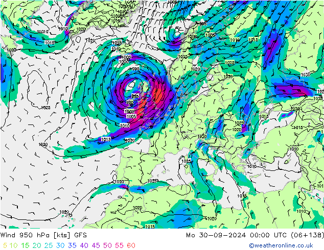 ветер 950 гПа GFS пн 30.09.2024 00 UTC