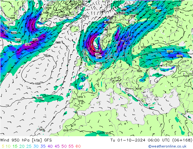 Wind 950 hPa GFS Di 01.10.2024 06 UTC