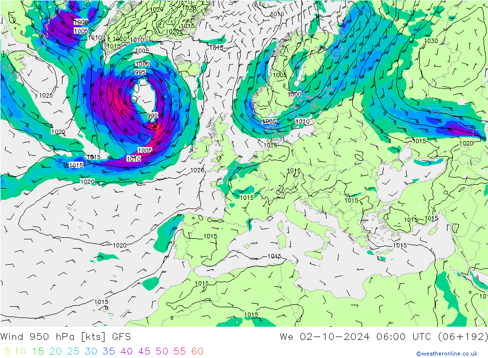 Wind 950 hPa GFS Mi 02.10.2024 06 UTC