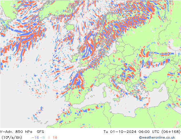 V-Adv. 850 hPa GFS Tu 01.10.2024 06 UTC