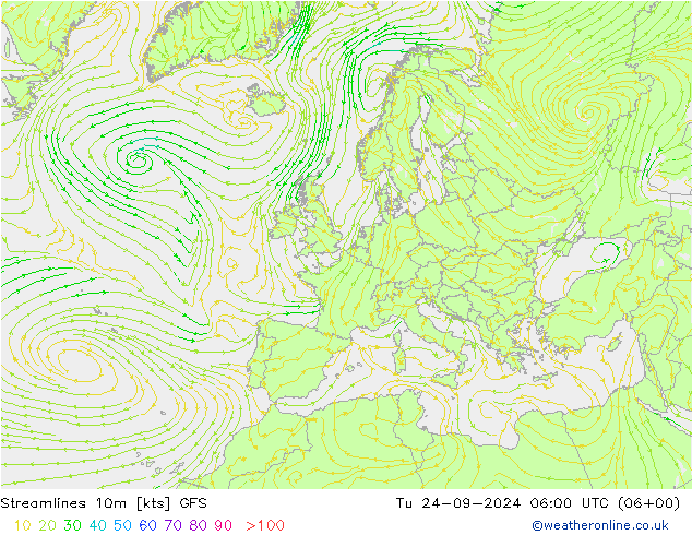 Streamlines 10m GFS Tu 24.09.2024 06 UTC