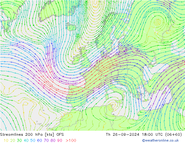 Streamlines 200 hPa GFS Čt 26.09.2024 18 UTC