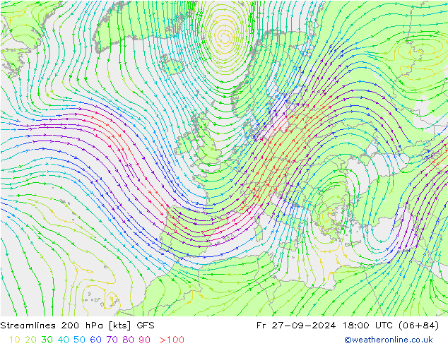 Línea de corriente 200 hPa GFS vie 27.09.2024 18 UTC