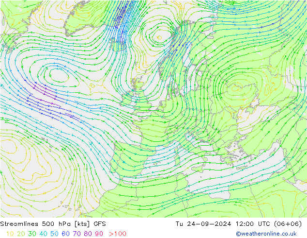 Ligne de courant 500 hPa GFS mar 24.09.2024 12 UTC