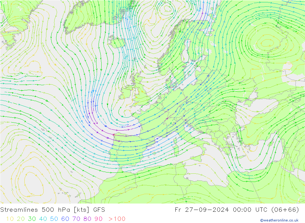 Stroomlijn 500 hPa GFS vr 27.09.2024 00 UTC