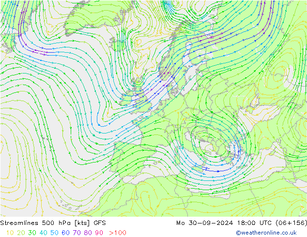 Linia prądu 500 hPa GFS pon. 30.09.2024 18 UTC