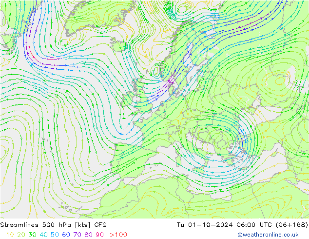 Streamlines 500 hPa GFS Út 01.10.2024 06 UTC