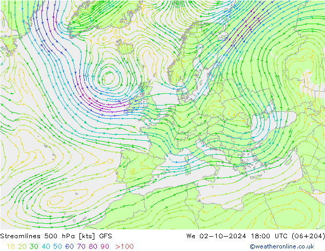 Linea di flusso 500 hPa GFS mer 02.10.2024 18 UTC