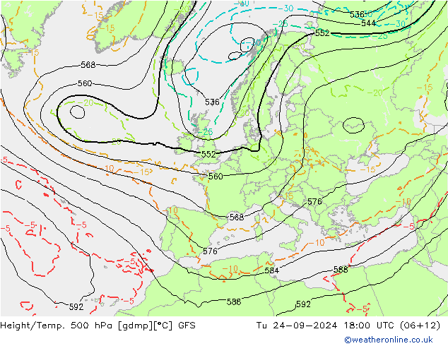 Z500/Rain (+SLP)/Z850 GFS Tu 24.09.2024 18 UTC