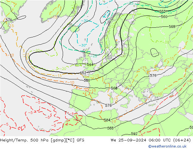 Z500/Rain (+SLP)/Z850 GFS mer 25.09.2024 06 UTC