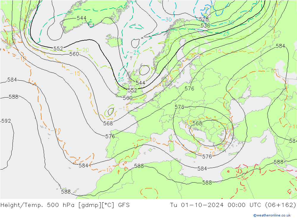 Hoogte/Temp. 500 hPa GFS di 01.10.2024 00 UTC