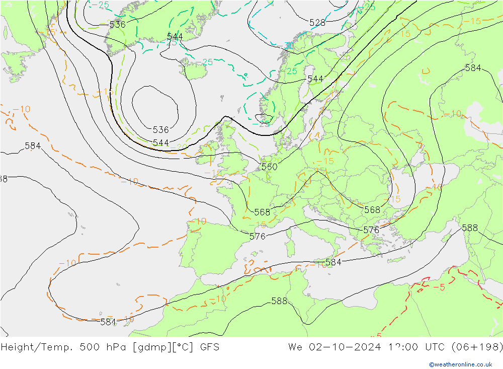 Z500/Rain (+SLP)/Z850 GFS We 02.10.2024 12 UTC