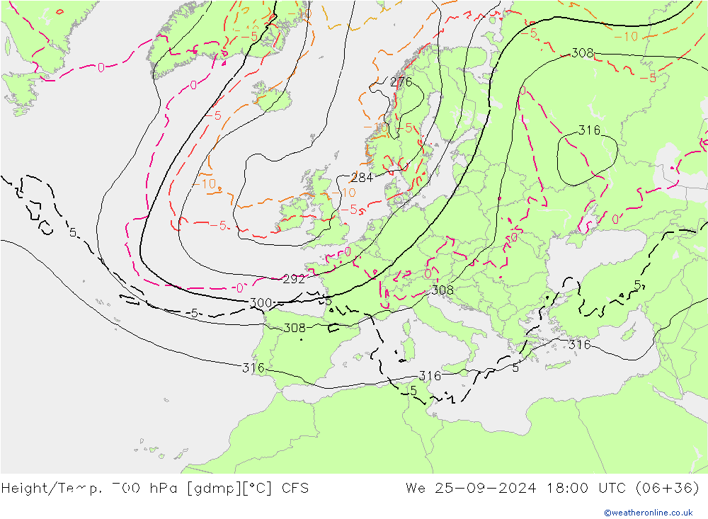 Height/Temp. 700 hPa GFS We 25.09.2024 18 UTC