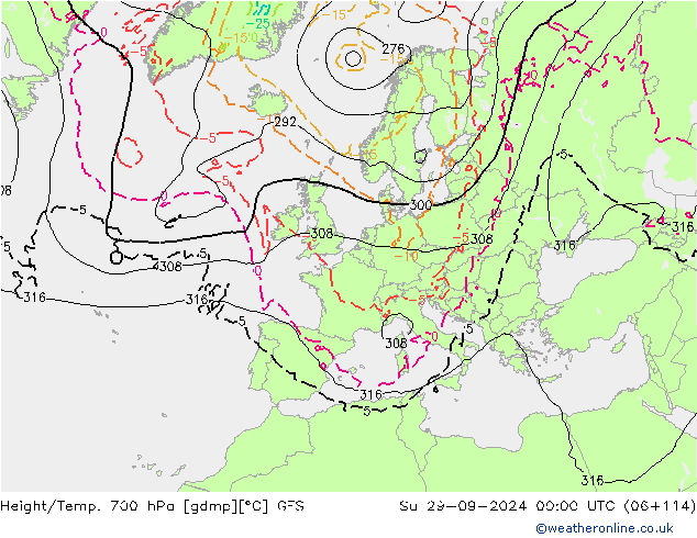 Geop./Temp. 700 hPa GFS dom 29.09.2024 00 UTC