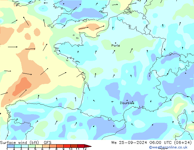 wiatr 10 m (bft) GFS śro. 25.09.2024 06 UTC