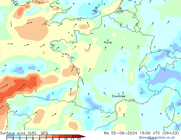 Surface wind (bft) GFS We 25.09.2024 15 UTC