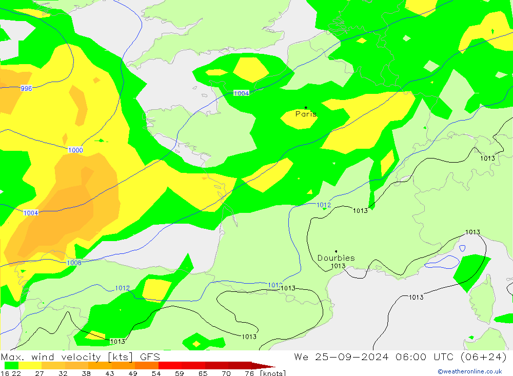 Max. wind velocity GFS We 25.09.2024 06 UTC