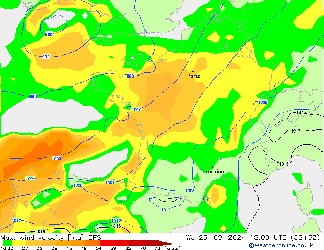 Max. wind velocity GFS Qua 25.09.2024 15 UTC