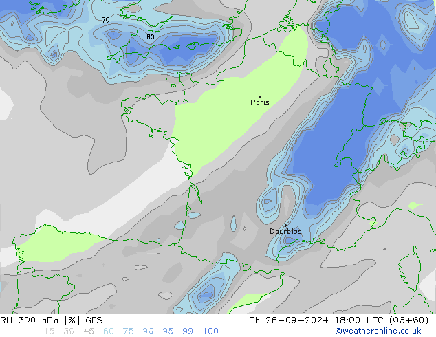 RH 300 hPa GFS Th 26.09.2024 18 UTC