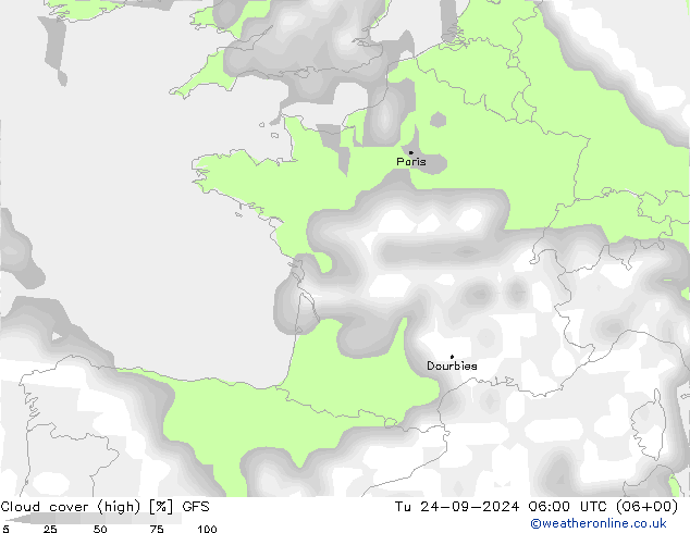 zachmurzenie (wysokie) GFS wto. 24.09.2024 06 UTC