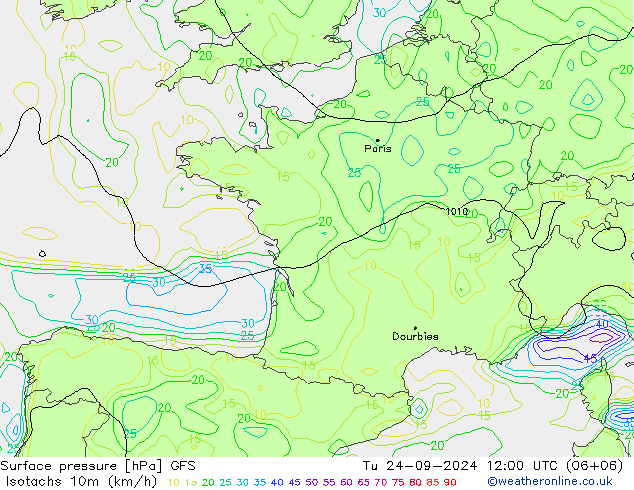 Isotachs (kph) GFS вт 24.09.2024 12 UTC