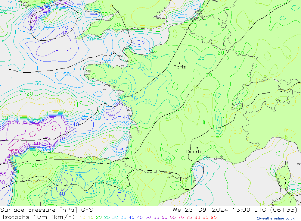 Isotachs (kph) GFS We 25.09.2024 15 UTC