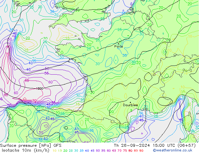 Isotaca (kph) GFS jue 26.09.2024 15 UTC