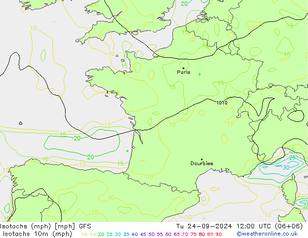 Isotachs (mph) GFS  24.09.2024 12 UTC