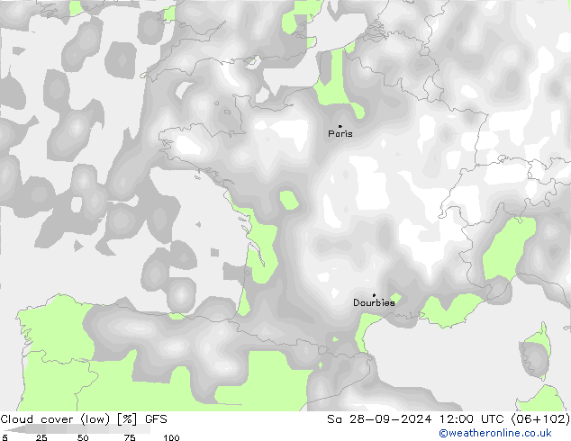 Cloud cover (low) GFS Sa 28.09.2024 12 UTC