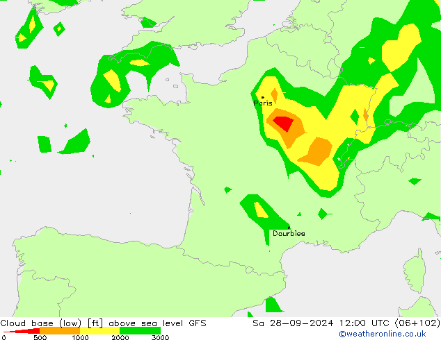 Cloud base (low) GFS Sáb 28.09.2024 12 UTC