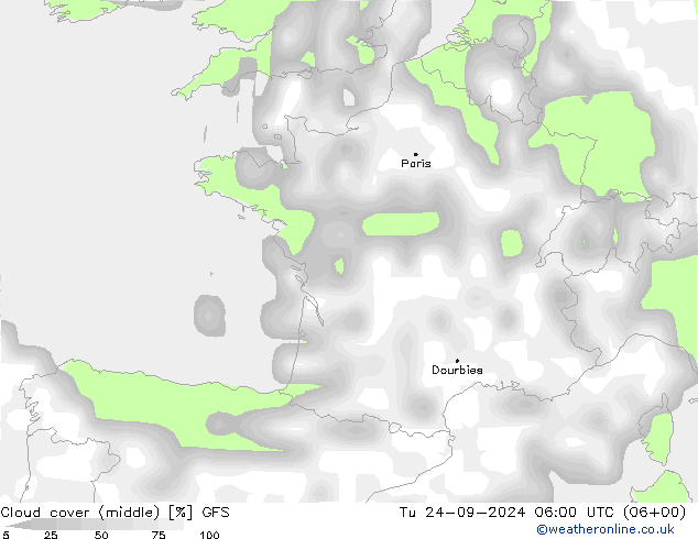 zachmurzenie (środk.) GFS wto. 24.09.2024 06 UTC