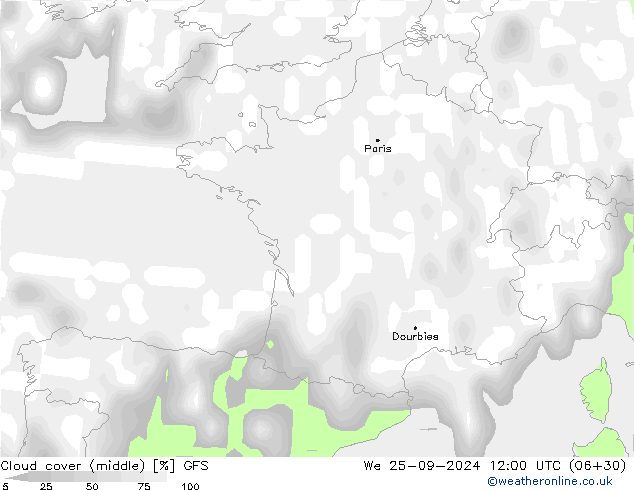 Cloud cover (middle) GFS We 25.09.2024 12 UTC