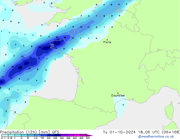 Precipitation (12h) GFS Tu 01.10.2024 06 UTC