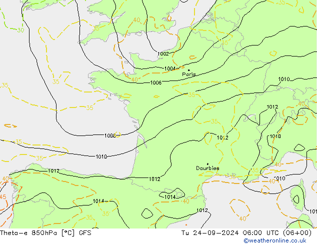 Theta-e 850hPa GFS Út 24.09.2024 06 UTC