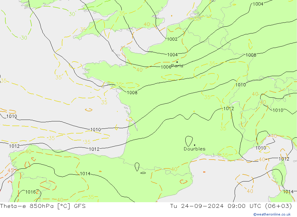 Theta-e 850гПа GFS вт 24.09.2024 09 UTC