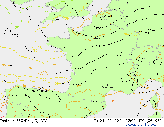 Theta-e 850hPa GFS Di 24.09.2024 12 UTC