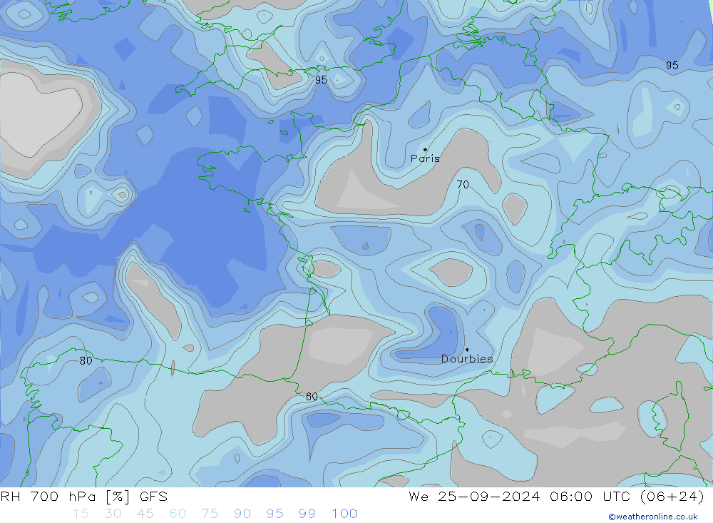 RH 700 hPa GFS Qua 25.09.2024 06 UTC