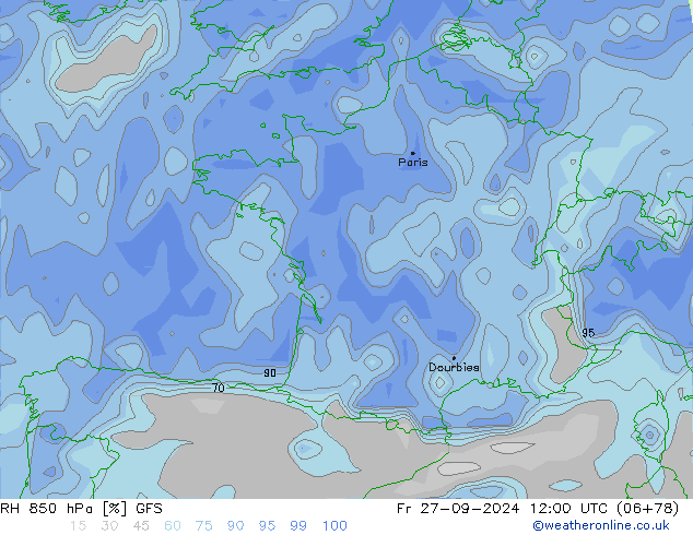 850 hPa Nispi Nem GFS Cu 27.09.2024 12 UTC