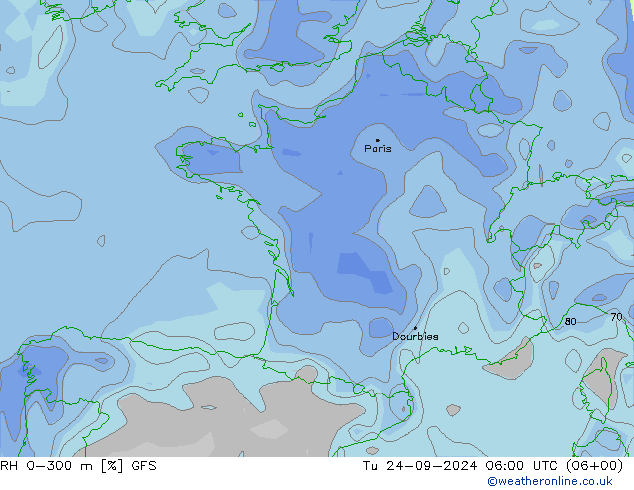 Humidité rel. 0-300 m GFS mar 24.09.2024 06 UTC