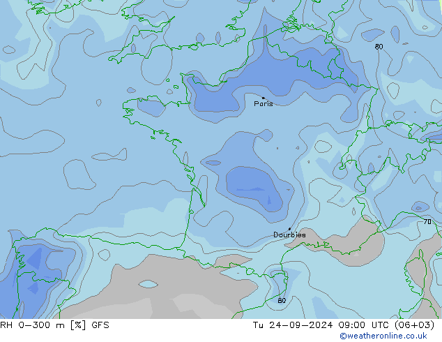 Humedad rel. 0-300m GFS mar 24.09.2024 09 UTC