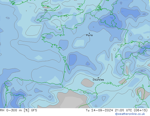 Humidité rel. 0-300 m GFS mar 24.09.2024 21 UTC