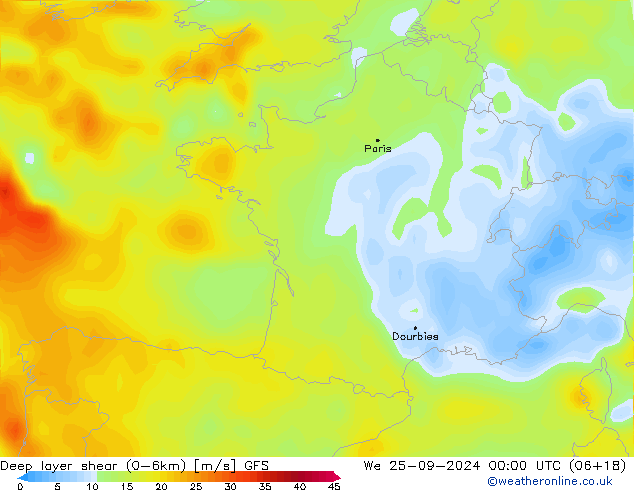 Deep layer shear (0-6km) GFS  25.09.2024 00 UTC