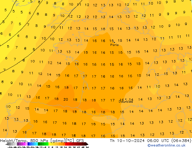 Geop./Temp. 850 hPa GFS jue 10.10.2024 06 UTC