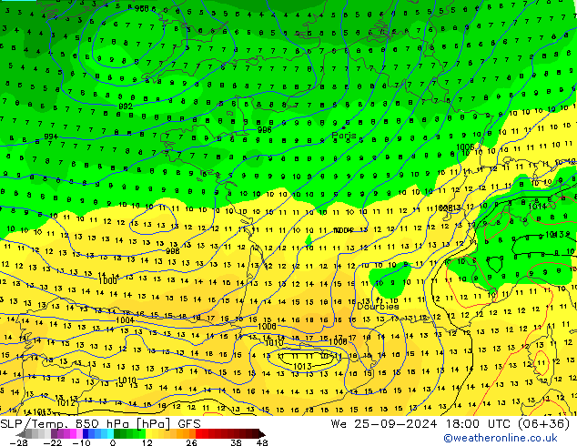 SLP/Temp. 850 hPa GFS mié 25.09.2024 18 UTC