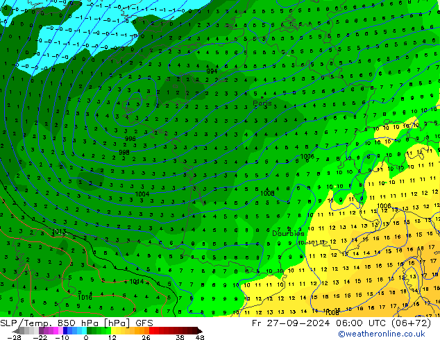 SLP/Temp. 850 hPa GFS vie 27.09.2024 06 UTC